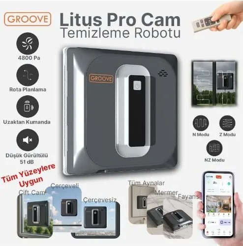 Groove Litus Pro Akıllı Uygulama Kontrollü Cam Temizleme Silme Robotu +Yapay Zeka Desteği+Ultra Sessiz+Akıllı Sensör+4 Ultrasonik Sprey