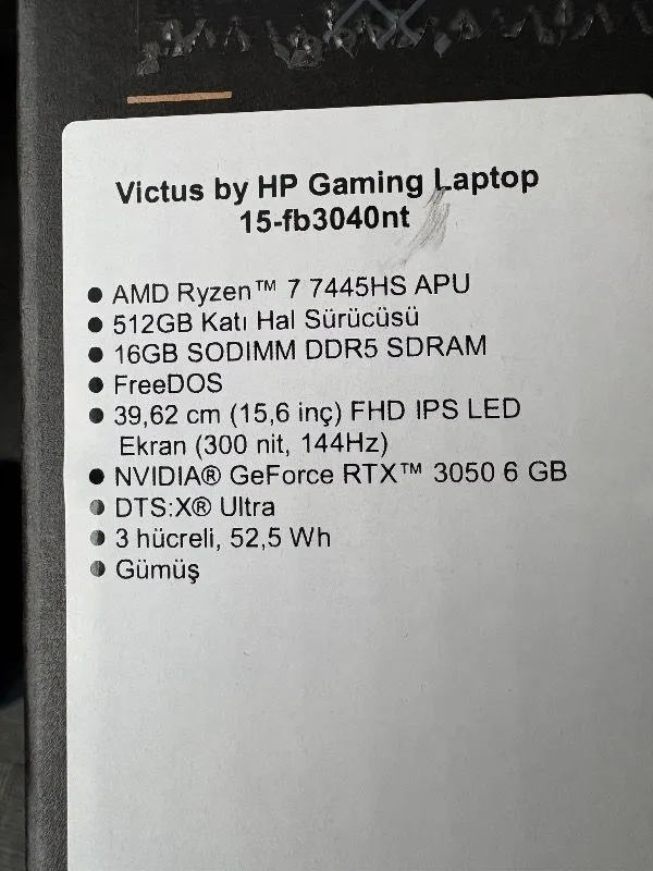 HP Victus Gaming 15-FB3040NT AMD Ryzen 7 7445HS 16GB 512GB SSD RTX3050 Freedos 15.6″ Taşınabilir Bilgisayar BX9V1EA