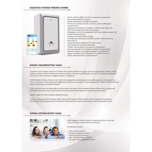 Airfel Maestro Power 23 kW Hermetik Baca Tipi Yoğuşmalı Kombi, Enerji Verimliliği ile Tasarruf