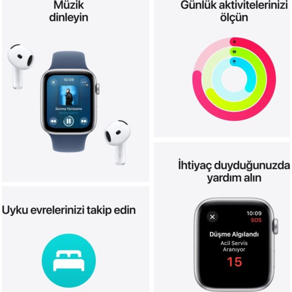 Apple Watch SE GPS, 44 mm Gümüş Alüminyum Kasa ve Kot Rengi Spor Kordon – S/M