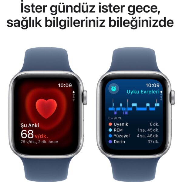 Apple Watch SE GPS, 44 mm Gümüş Alüminyum Kasa ve Kot Rengi Spor Kordon – S/M