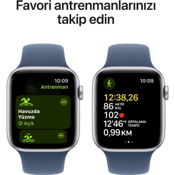 Apple Watch SE GPS, 44 mm Gümüş Alüminyum Kasa ve Kot Rengi Spor Kordon – S/M