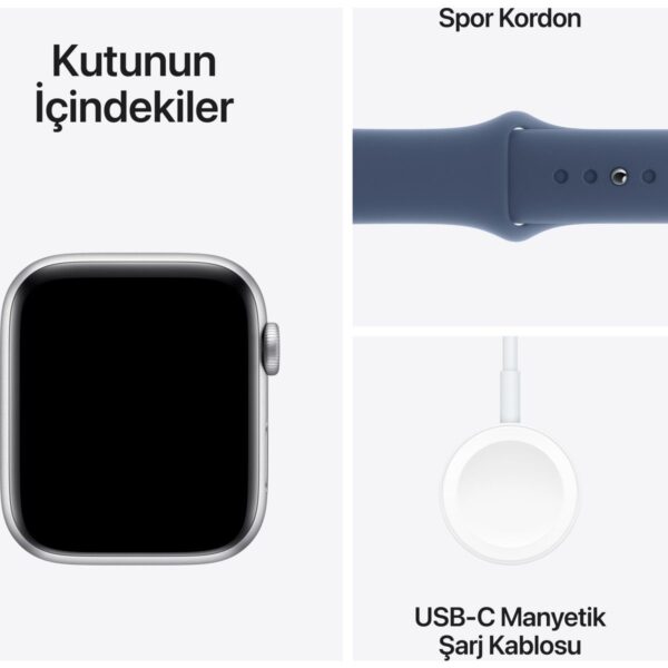 Apple Watch SE GPS, 44 mm Gümüş Alüminyum Kasa ve Kot Rengi Spor Kordon – S/M