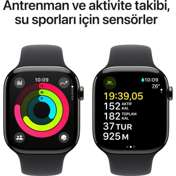 Apple Watch Series 10 GPS + Cellular, 46 mm Arduvaz Titanyum Kasa ve Siyah Spor Kordon – S/M