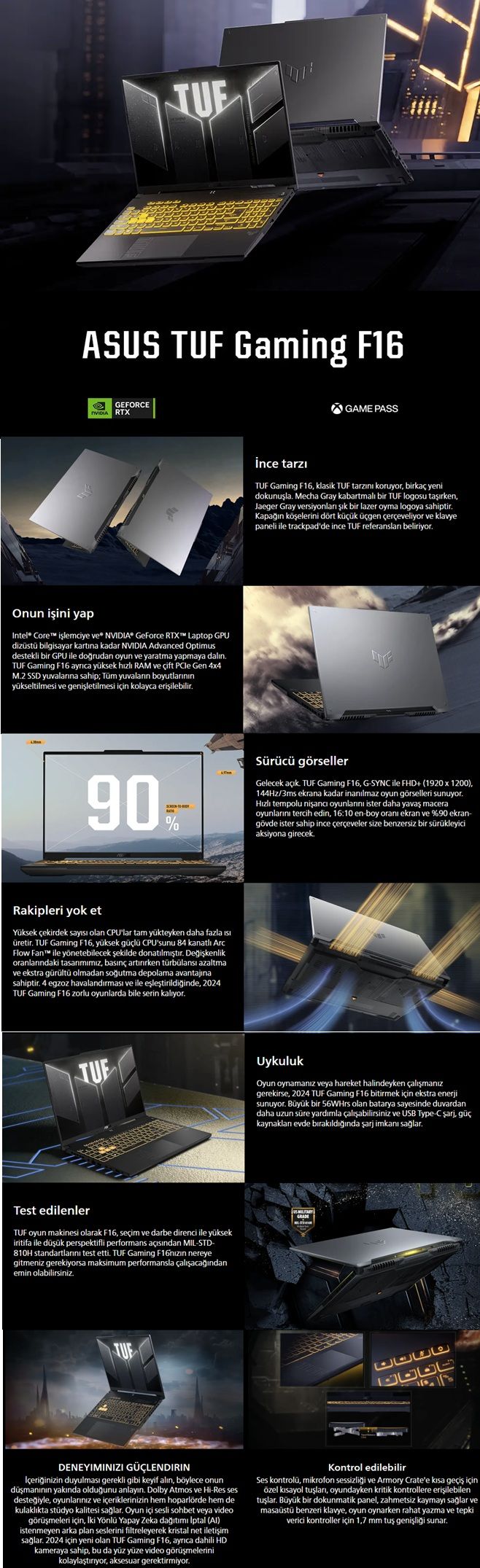 Asus Tuf Gaming F16 FX607VJB-RL037 Intel Core 5 210H 16GB 512GB SSD RTX3050 6 GB 16" Fhd+ Wuxga 144Hz IPS Panel Freedos Taşınabilir Bilgisayar
