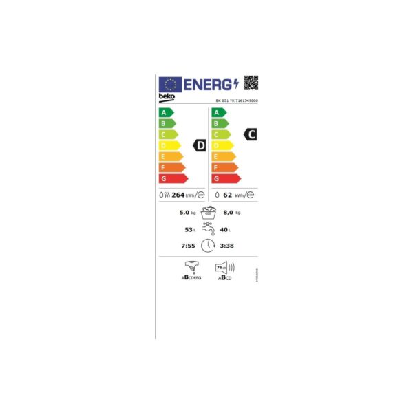 Beko Bk 851 Yk 8 kg Kapasiteye Sahip Kurutmalı Çamaşır Makinesi C Enerji Sınıfı 1400 Devir Hızı
