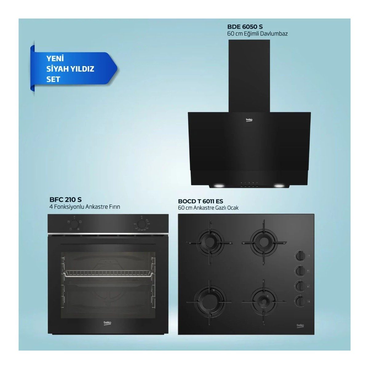 Beko Black Star 3'lü Ankastre Set 5 Modern Tasarımlı Siyah Renk Gazlı Ocak BFC 210 S - Bocd T 6011 Es - Bde 6050 S HBCV0000698R8J