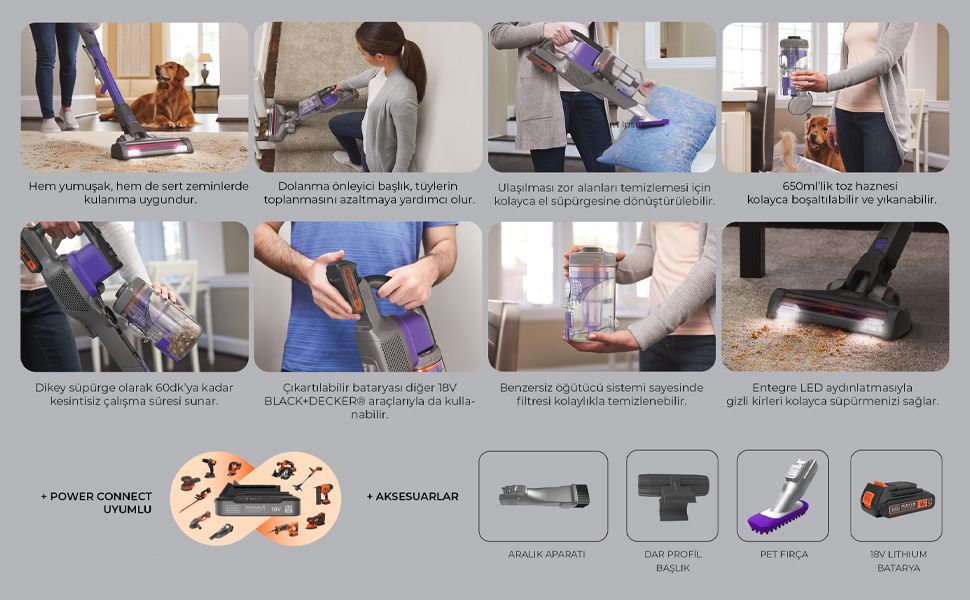 Black & Decker 18V Kablosuz Dikey Süpürge Mor Turbo Başlıklı Toz Haznesi Var Güçlü Emiş Teknolojisi