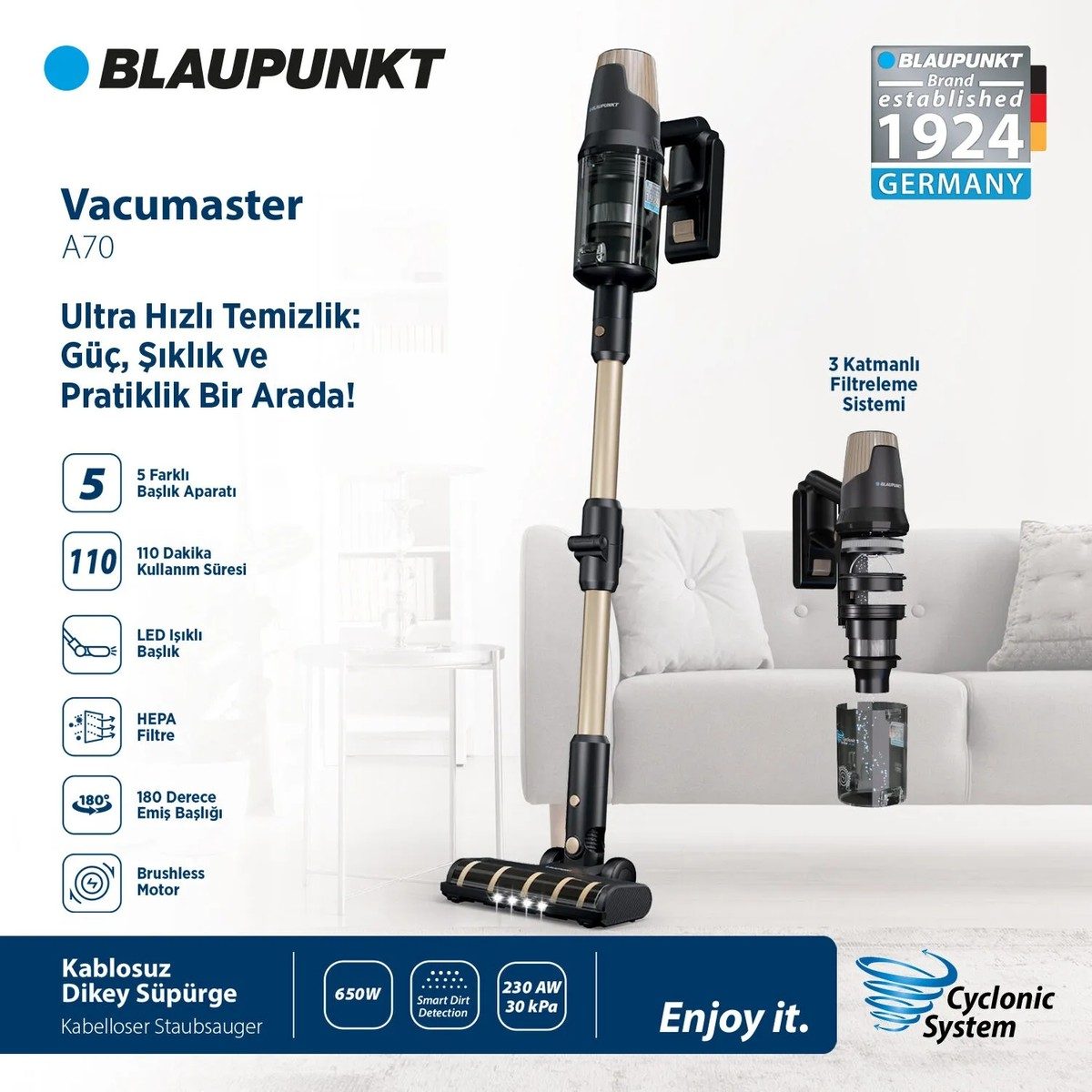 Blaupunkt A70 30.000Pa Güçlü Emişli Dikey Süpürge - 110 dk Uzun Pil | HEPA Filtre | 1 L Toz Haznesi HBCV00009NQRDW