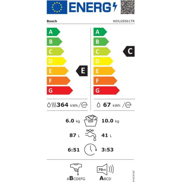 Bosch WDU28561TR 1400 Devir 10 kg Yıkama 6 kg Kurutmalı Çamaşır Makinesi E Enerji Sınıfı
