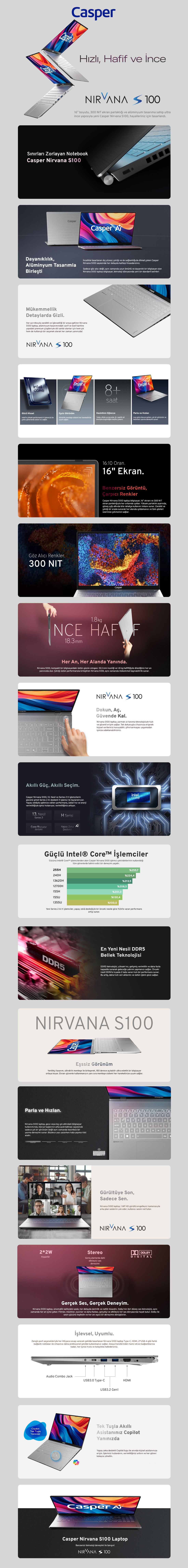 Casper Nirvana S100 Intel Core i7 13620H 16GB 1TB SSD Freedos 16" Taşınabilir Bilgisayar S100.1362-BF00X-G-F