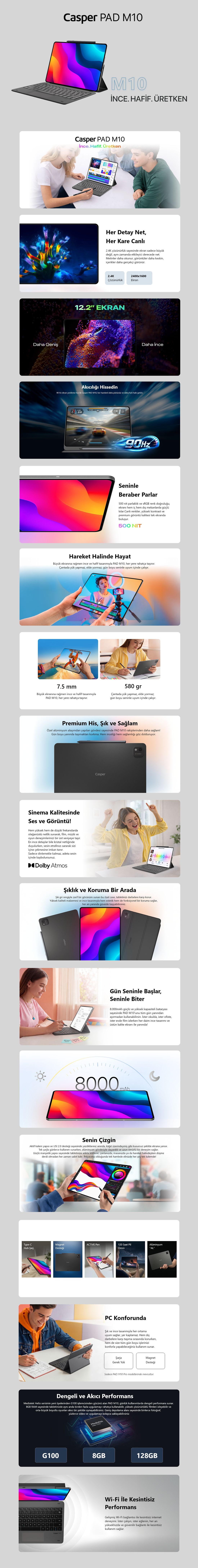 Casper PAD M10 Pro 12.2" 2.4K Tablet 8GB RAM 128GB + Casper M10 Klavyeli Tablet Kılıfı + Prestige Kalem