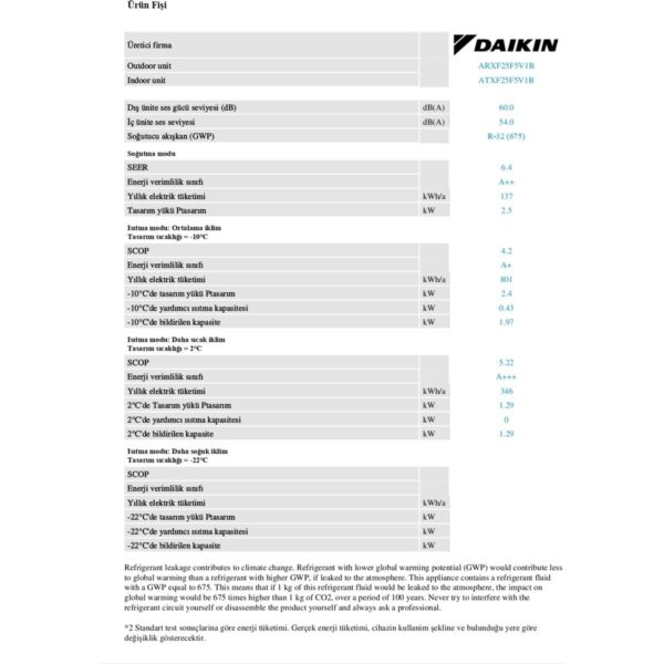 Daikin ATXF25F Siesta Sensira 9000 Btu/h Inverter Split Klima A++ Enerji Sınıfı ile Tasarruflu Çalışma