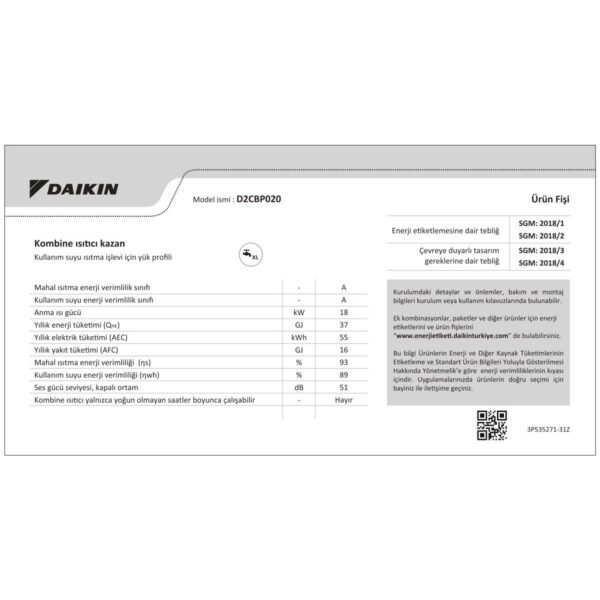Daikin Icon D2CBP020 20/24 Kw Tam Yoğuşmalı Kombi Hermetik Baca ile Yüksek Kapasite