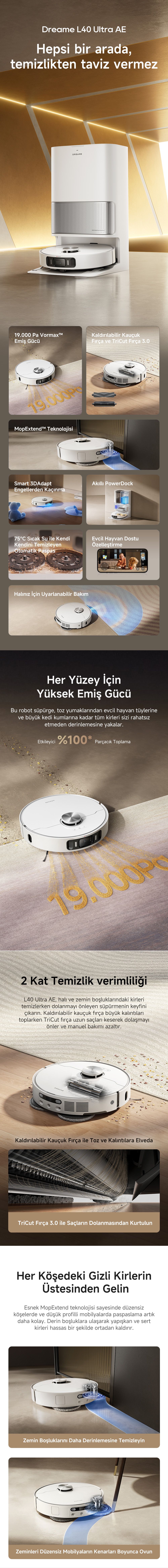 Dreame L40 Ultra AE Robot Süpürge, 19.000 Pa Emiş Gücü ile Akıllı Telefon Kontrolü ve Düz Zemin Kullanımı