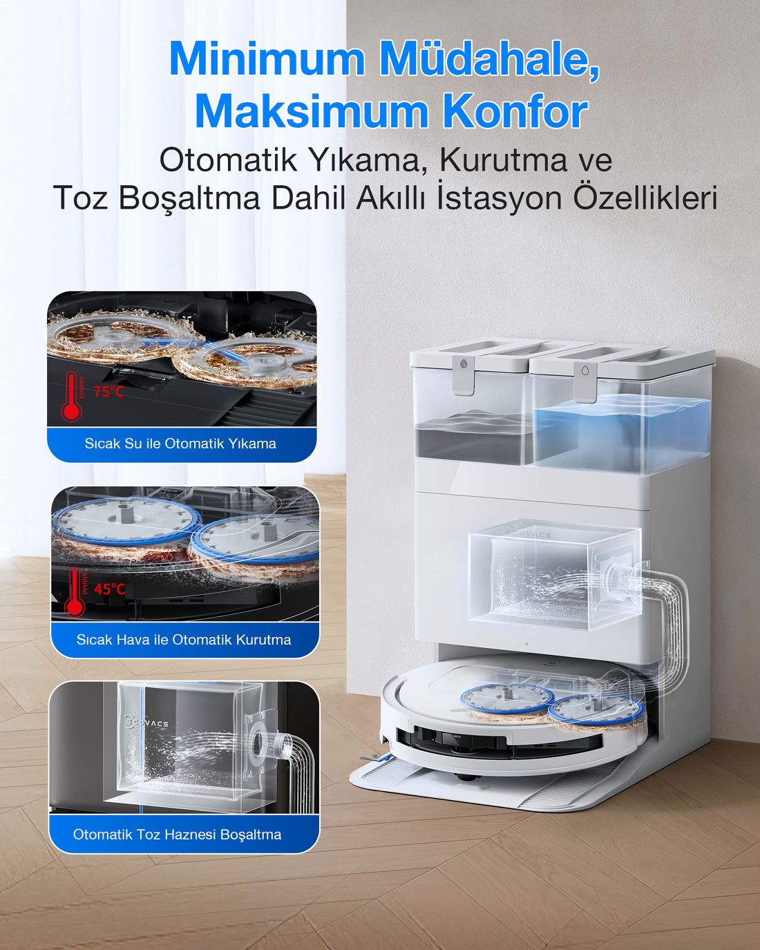 Ecovacs Akıllı Robot Süpürge ve Çöp İstasyonu, 25.000Pa Emiş Gücü, 81mm Ultra İnce Tasarım, 75°C Sıcak Su ile Mop Yıkama, ZeroTangle 2.0, AIVI 3D 3.0, YIKO-GPT Akıllı Temizlik, Beyaz