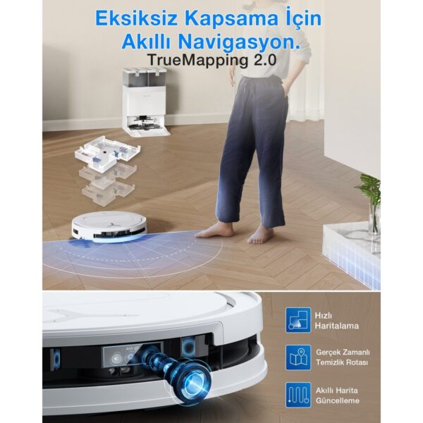 Ecovacs Akıllı Robot Süpürge ve Çöp İstasyonu, 25.000Pa Emiş Gücü, 81mm Ultra İnce Tasarım, 75°C Sıcak Su ile Mop Yıkama, ZeroTangle 2.0, AIVI 3D 3.0, YIKO-GPT Akıllı Temizlik, Beyaz
