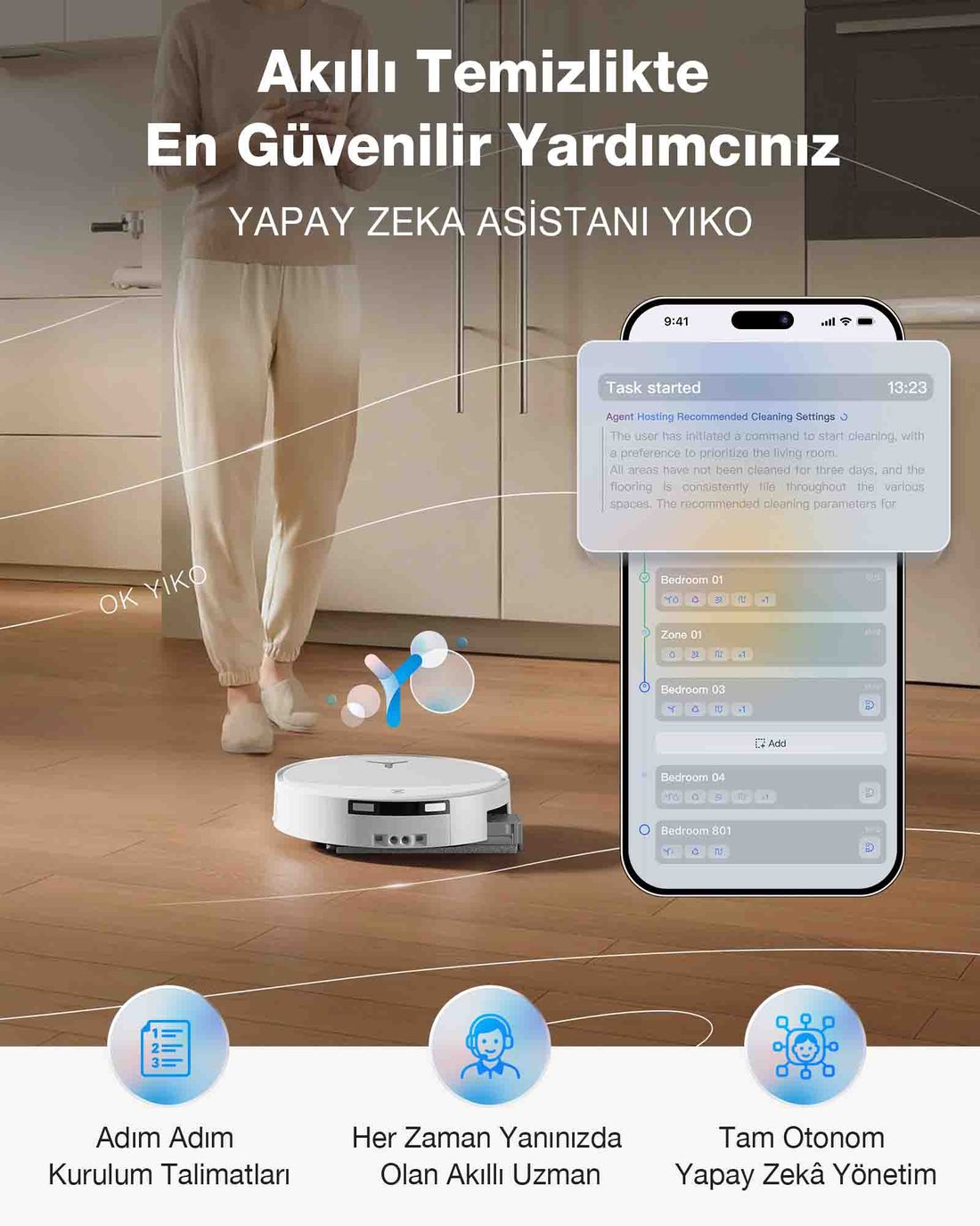 ECOVACS DEEBOT Robot Süpürge ve Paspas, 30.000 Pa Emiş Gücü, OZMO Roller 3.0, Triple Lift Teknolojisi, TruePass 4WD Engelleri Aşma, Akıllı Navigasyon, Temiz Su ile Basınçlı Yıkama