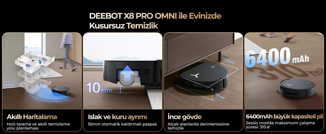 Ecovacs Deebot X8 Pro Omni Siyah Robot Süpürge ve Paspas 18000 Pa Emiş Gücü