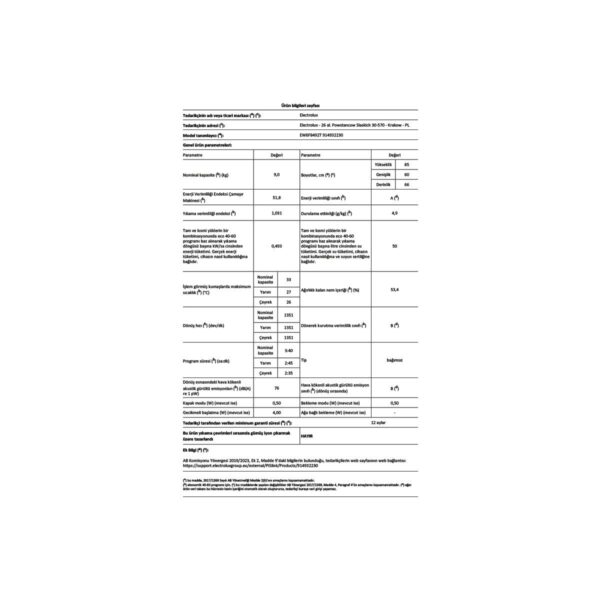 Electrolux EW6F8492T 600 Serisi Aı Washassist FULLWASH45′ 9 kg 1400 Devir A Enerji Sınıfı Çamaşır Makinesi