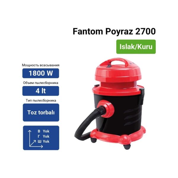 Fantom Poyraz 2700 Islak & Kuru Elektrikli Süpürge 4 Lt Toz Haznesi ile Güçlü Temizlik Performansı