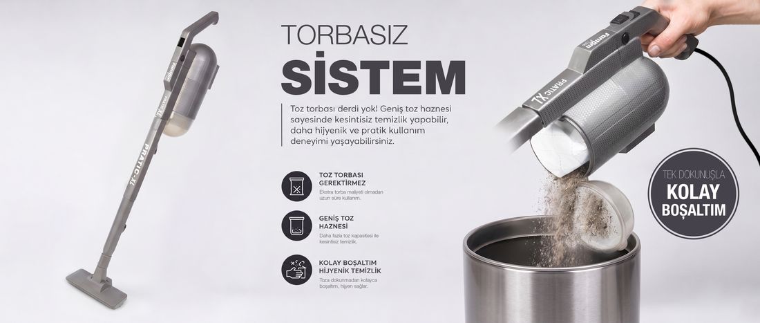Fantom Pratik-XL P 1300 Dikey Süpürge 500 W Gri Toz Torbasız Kullanım ve