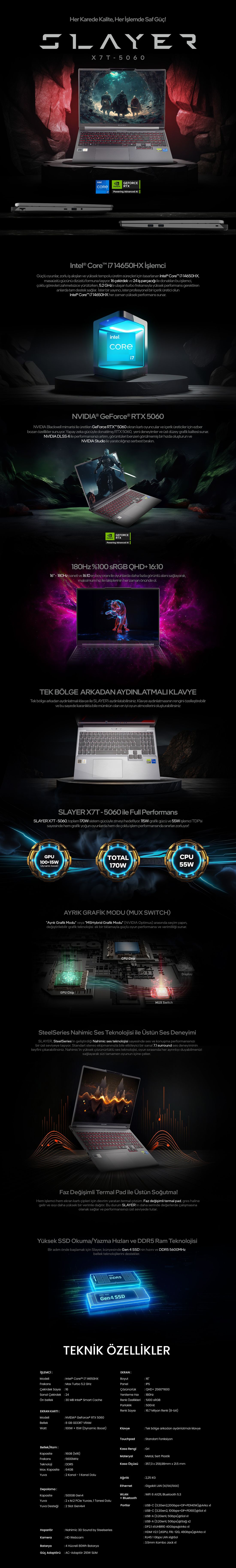 Game Garaj Slayer X7T-5060 C7 Intel Core I7 14650HX 16GB Ram 1tb SSD RTX5060 16" Qhd+ 180Hz IPS Freedos Gaming Laptop