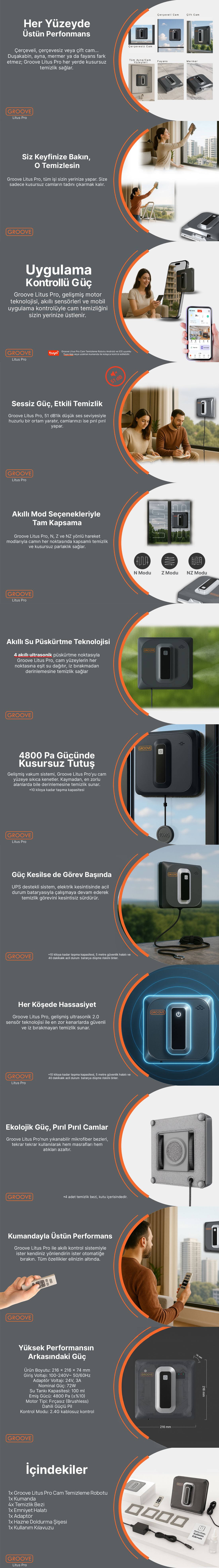 Groove Litus Pro Akıllı Uygulama Kontrollü Cam Temizleme Silme Robotu +Yapay Zeka Desteği+Ultra Sessiz+Akıllı Sensör+4 Ultrasonik Sprey