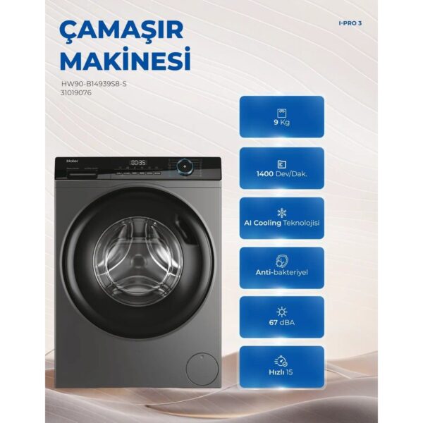Haier HW90-B14939S8-S 9 kg 1400 Devir Yıkama Kapasiteli Enerji Sınıfı A Çamaşır Makinesi