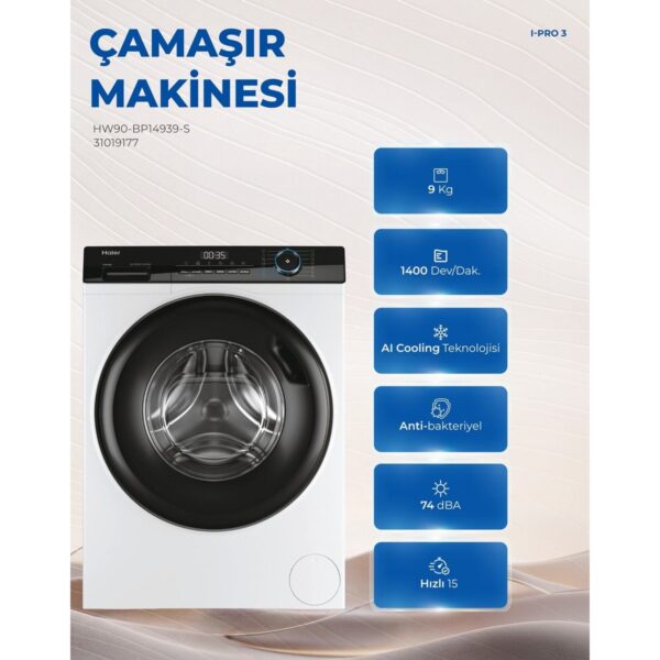 Haier HW90-BP14939-S 9 kg 1400 Devir Yıkama Kapasitesi Enerji Sınıfı A Çamaşır Makinesi
