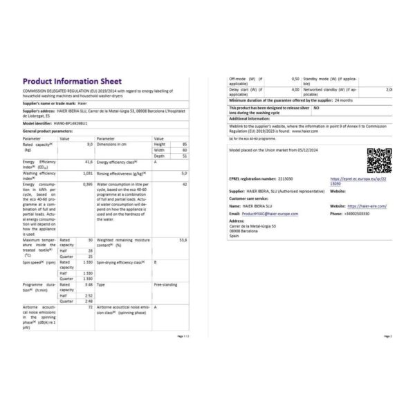 Haier HW90BP14929BU1TR 9 kg 1400 Devir Çamaşır Makinesi