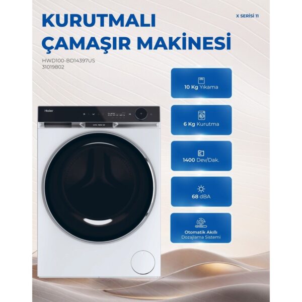 Haier HWD100-BD14397US 10 kg Yıkama 6 kg Kurutma Wi-Fi Bağlantılı 1400 Devir Kurutmalı Çamaşır Makinesi