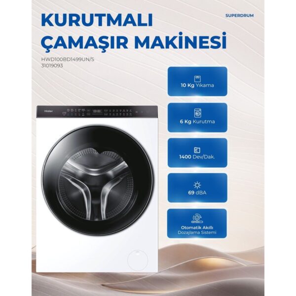 Haier HWD100BD1499UN/S 10 kg Yıkama 6 kg Kurutma Wi-Fi Bağlantılı 1400 Devir Kurutmalı Çamaşır Makinesi