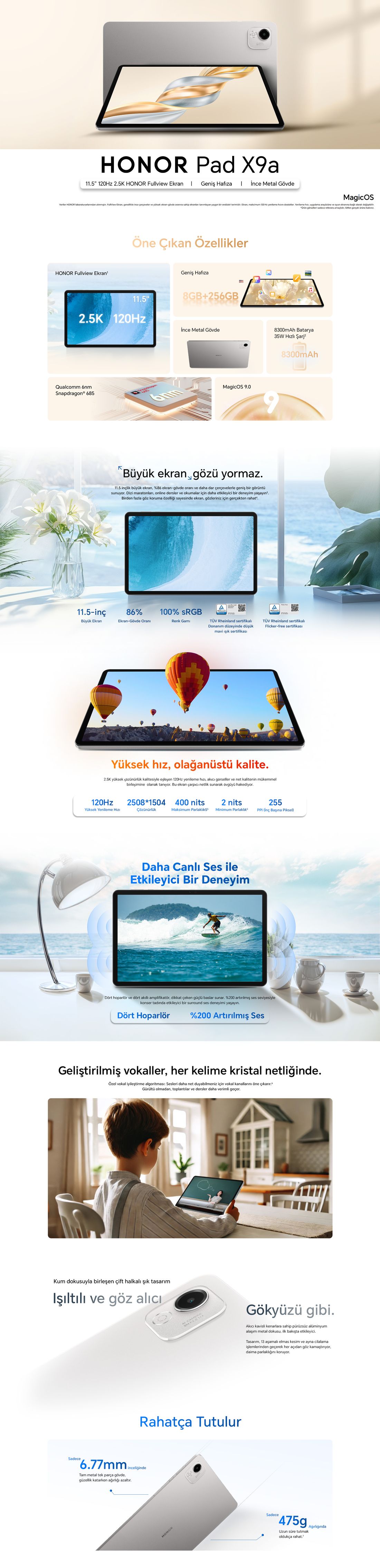 Honor Pad X9A 8gb 256GB Wi-Fi 11.5 Inç IPS Uzay Gri Tablet + Orjinal Kalemli