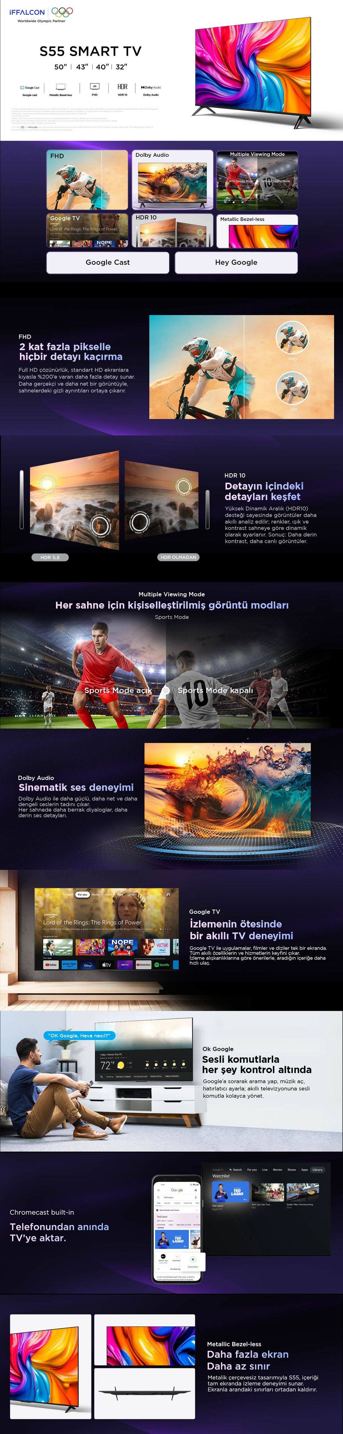 iFFALCON 50S55A 50'' 127 Ekran Uydu Alıcılı Full HD Android QLED TV