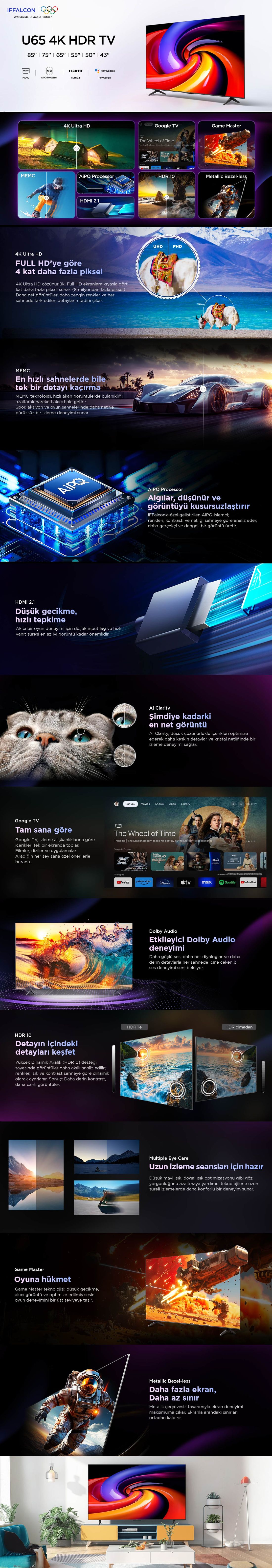 iFFALCON 65U65 65'' 165 Ekran Uydu Alıcılı 4K Ultra HD Google LED TV