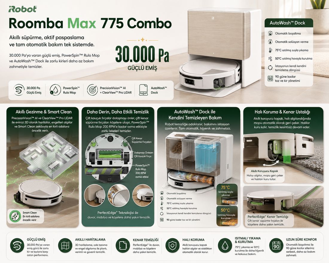 Irobot Roomba Max 775 Combo Robot Süpürge ve Paspas + Autowash Istasyonu (Siyah)
