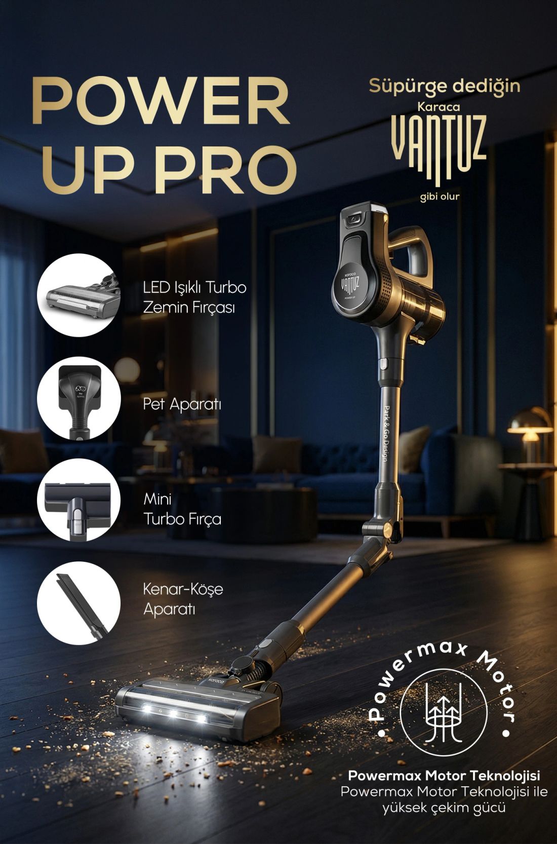 Karaca Power Up Pro 25 Watt Dik Süpürge Bakır Renk 0,6 Litre Toz Haznesi ile Güçlü Emiş