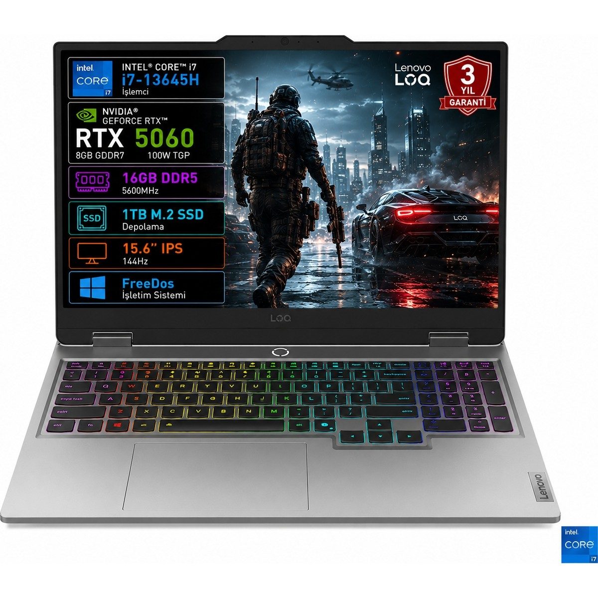 Lenovo Loq 15IRX10 83JE01BETR I7-13645HX 16GB 1tb SSD RTX5060 8gb Tgp 100W 15.6" IPS 144Hz Freedos Taşınabilir Bilgisayar HBCV0000FSIBXF