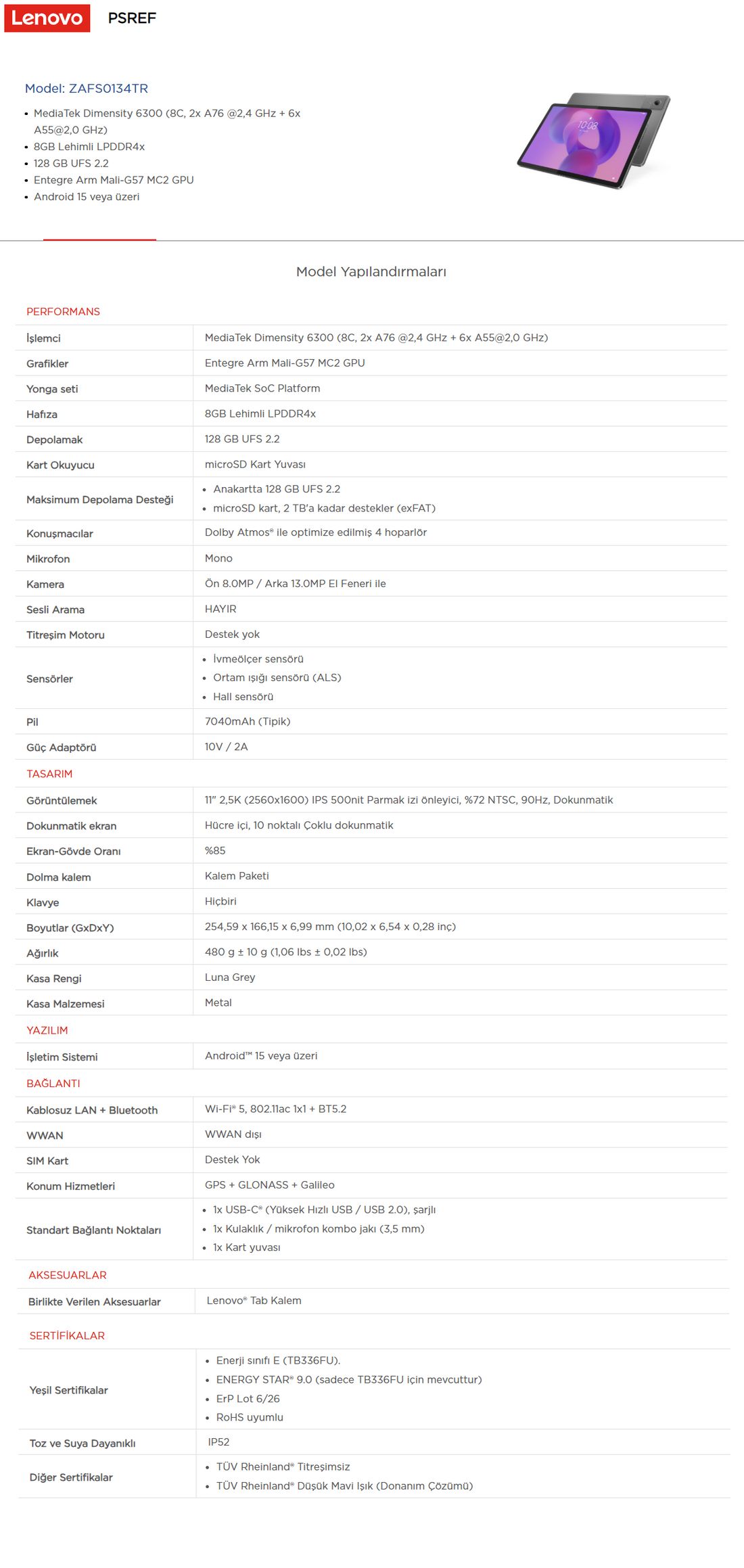 Lenovo Tab K11 Gen 2 8GB 128GB Depolama 11" 2.5k (2560X1600) IPS Panel Android Tablet - ZAFS0134TR + Lenovo Tab Pen Kalem