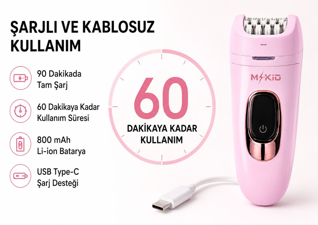 Mkio 7 Parça Şarjlı Işıklı Epilatör, LED Ekranlı Epilasyon Cihazı, 2 Kademe Hız Ayarı, 60 Dakika Kullanım, Yüz-KoltukAltı-BikiniBölgesi-Bacak Islak-Kuru Kullanım, Kadın Tıraş Cihazı