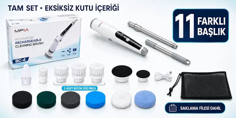MPIA Şarjlı Ve Elektrikli Temizlik Fırçası | Turbo Dönüş Teknolojisi | IPX7 Su Geçirmez 11 Başlık Dahil Mutfak, Banyo