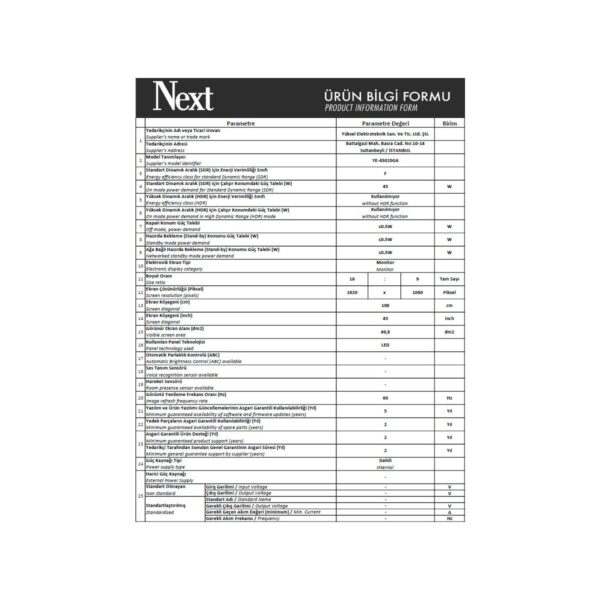 Next YE-43020G6 43″ 109 Ekran Uydu Alıcılı Full HD LED TV