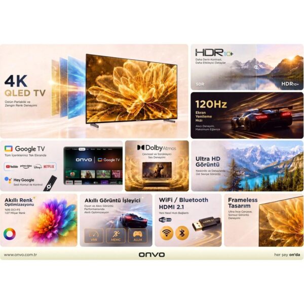 Onvo 100VQ90F3UB 100’’ 254 Ekran Uydu Alıcılı 4K Ultra HD QLED Google TV