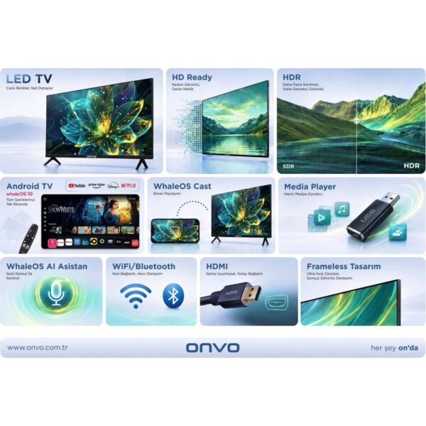 Onvo 24VL80F2HA 24” 60 Ekran Uydu Alıcılı HD Ready WhaleOS LED TV (12V Uyumlu)