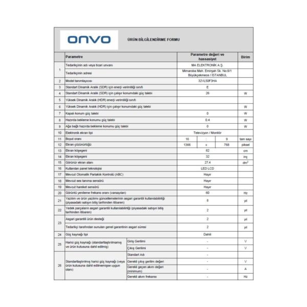 Onvo 32VL50F3HA 32″ 82 Ekran Dahili Uydu Alıcılı HD Ready LED TV (Smart Değildir)