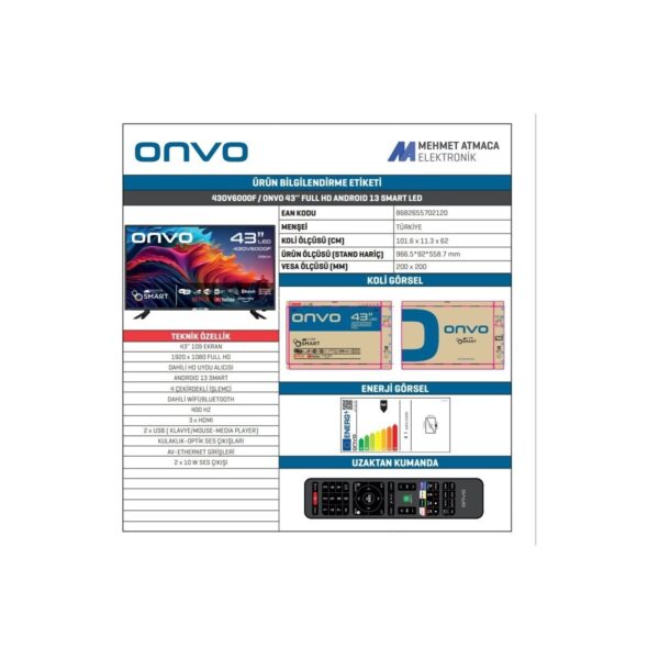 Onvo 43OV6000F 43″ 109 Ekran Smart LED TV Full HD Çözünürlük ve Dahili Uydu Alıcısı ile