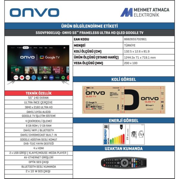 Onvo 55OVF9001UQ 55’’ 140 Ekran Uydu Alıcılı 4K Ultra HD QLED Google Smart TV