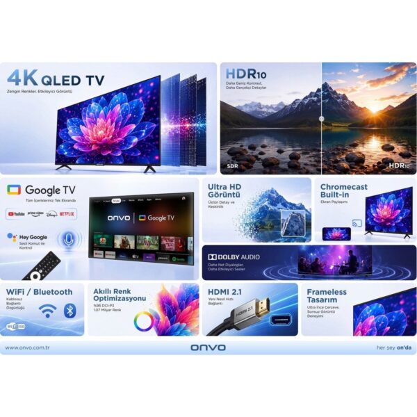 Onvo 85VQ90F2UA1 85″ 216 Ekran Uydu Alıcılı 4K UHD Google Smart QLED Tv