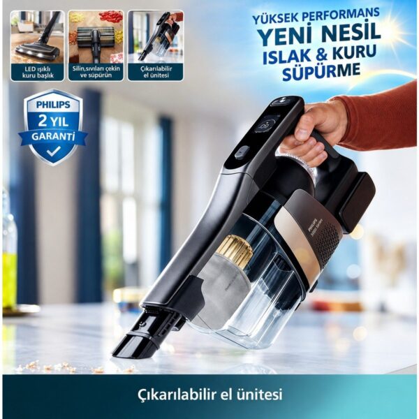 Philips 0 – 250 Watt Islak & Kuru Aqua Trio 9000 Seri Dijital Ekran, Hibrit Güç Motorlu Premium Kablosuz Dikey Süpürge
